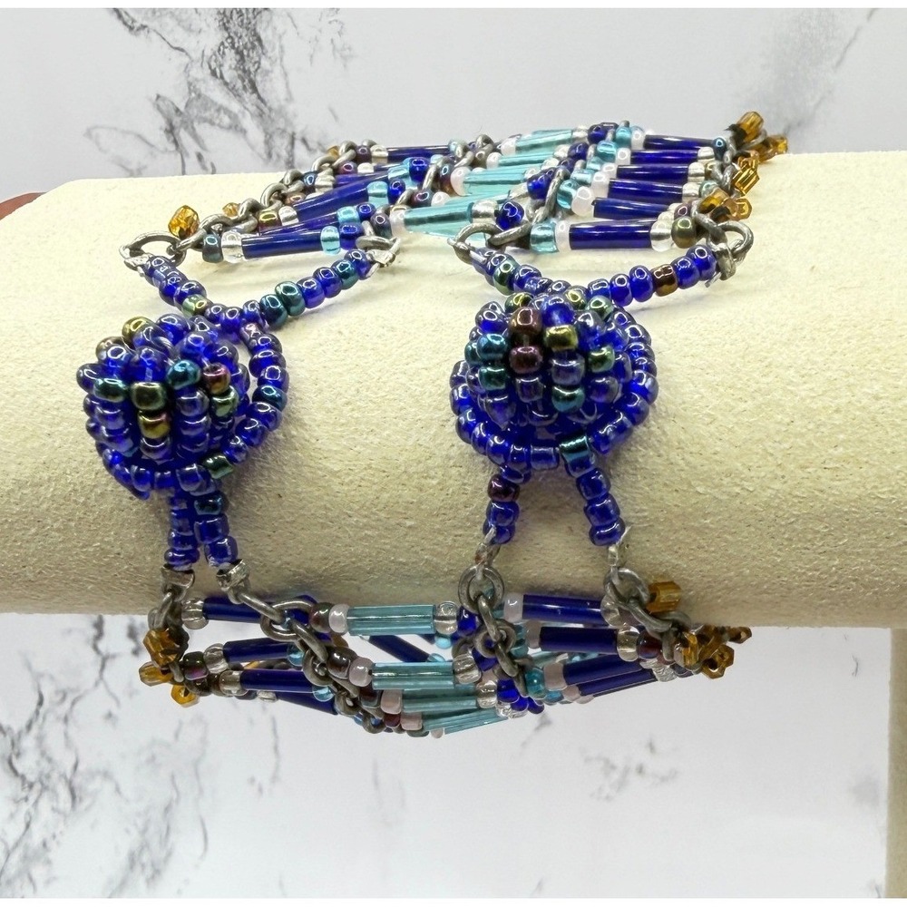 Wide‎ Blue Bugle Bead Bracelet 4 Row Beaded Cuff Boho Festival Chain Rails
